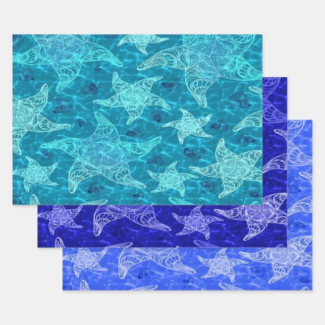Blue Starfish Pattern Collection Wrapping Paper Sheet (Set)
