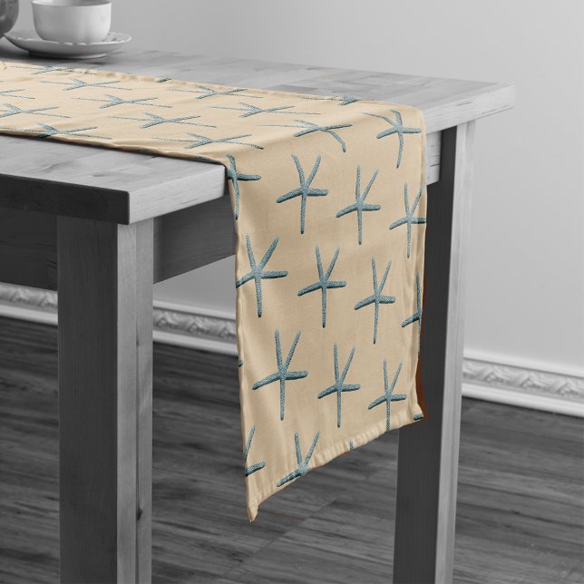 Blue Starfish Pattern On Sand Background Short Table Runner (Creator Uploaded)