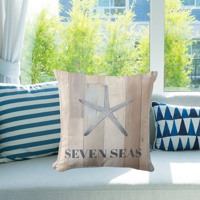 Blue starfish rustic beige driftwood text coastal cushion (Creator Uploaded)