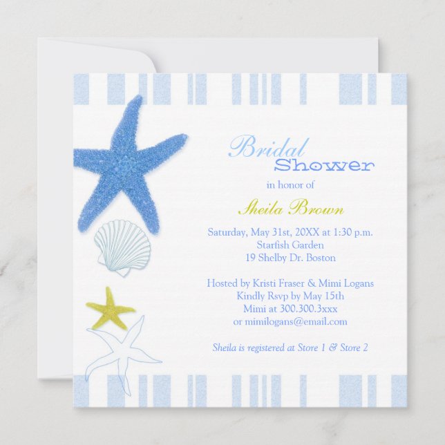 Blue Starfish & Stripes Beach Bridal Shower Invitation (Front)