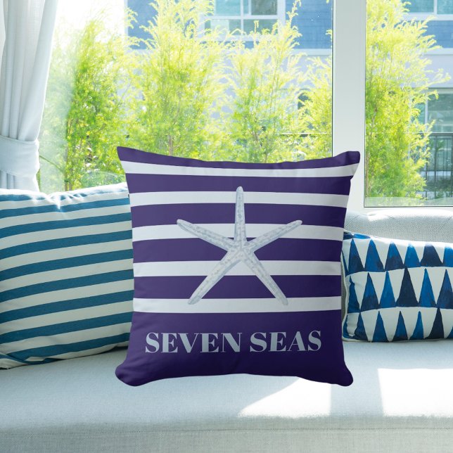 Blue starfish stripes text coastal cushion (Creator Uploaded)