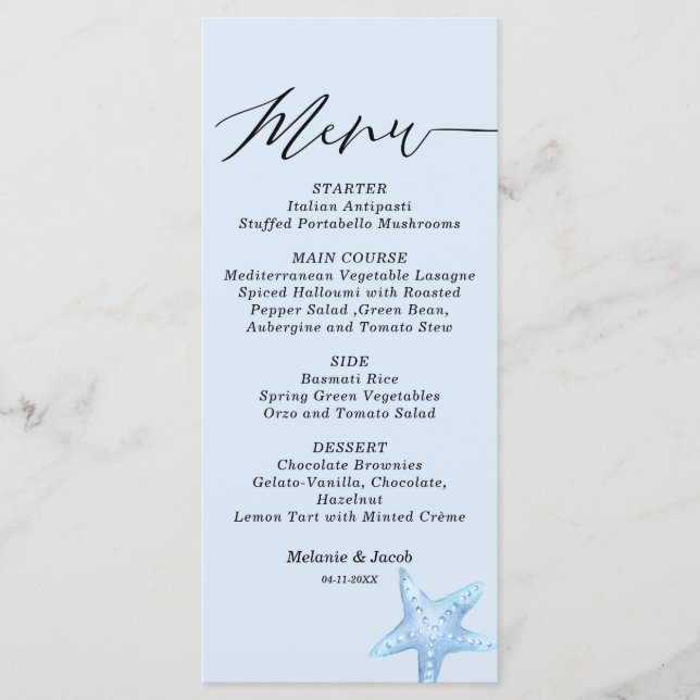 Blue Starfish Summer Wedding Flat Menu Card (Front)