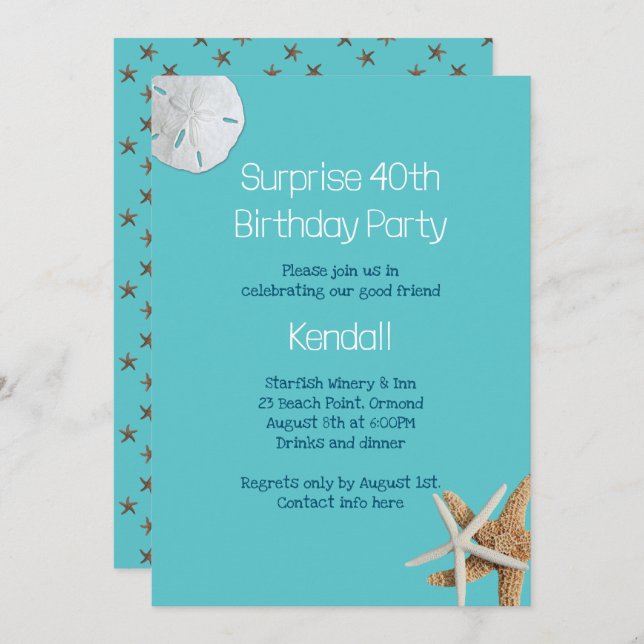 Blue Starfish Surprise Birthday Party Invitation (Front/Back)