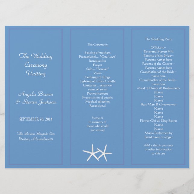 Blue Starfish Tri-Fold Wedding Program Templates (Front)