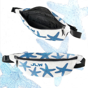 Blue Starfish Whimsical Coastal Nautical White Bum Bags