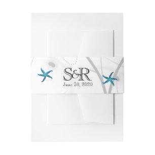 Blue Starfish with Silver Coral Wedding Belly Band Invitation Belly Band