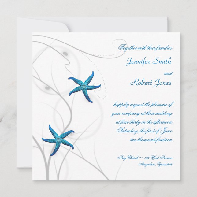 Blue Starfish with Silver Coral Wedding Invitation (Front)