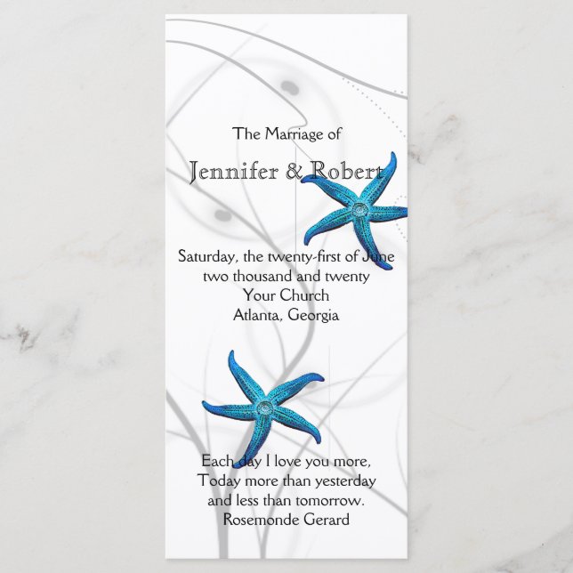Blue Starfish with Silver Coral Wedding Program (Front)