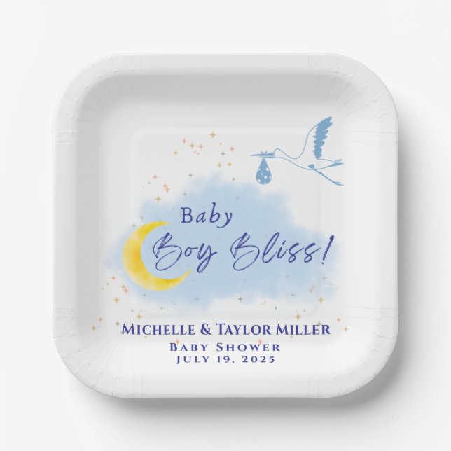 Blue Starlit Baby Boy Bliss Stork  Paper Plate (Front)