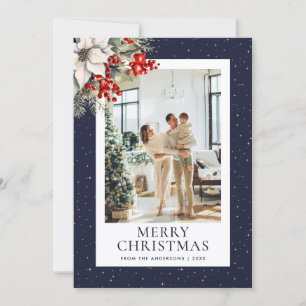 Blue Starry Botanical Photo Merry Christmas Holiday Card