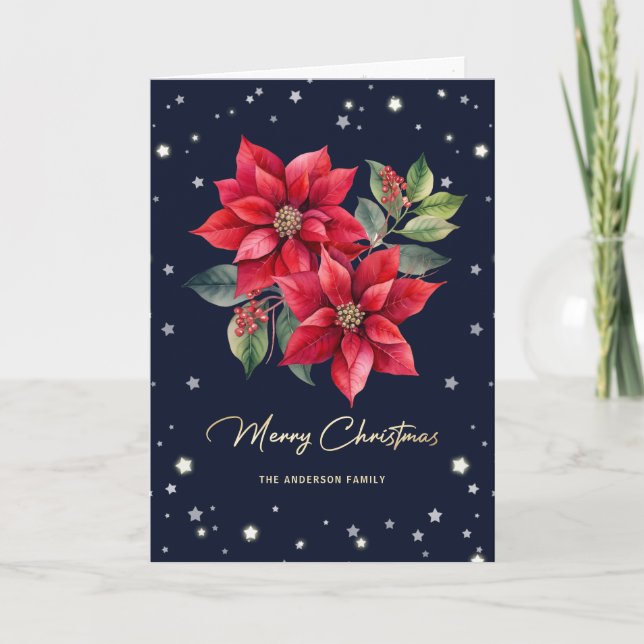 Blue Starry Floral Photo Merry Christmas Card (Front)