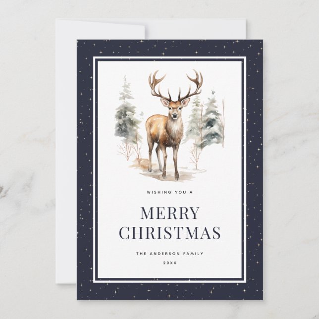 Blue Starry Night Watercolor Merry Christmas Card (Front)