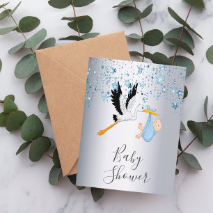 Blue stars baby boy silver shower invitation postcard
