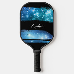 Blue Stars Brush Strokes, White Script Name Pickleball Paddle