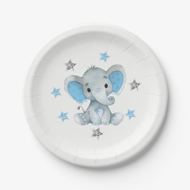 Blue stars, Elephant Plate 4 Baby Shower, Birthday (Front)
