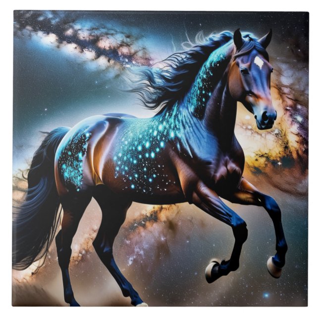 Blue Stars Galaxy Horse Ceramic Tile (Front)
