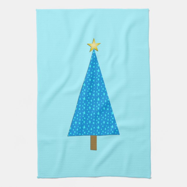 Blue stars modern Christmas tree Tea Towel (Vertical)