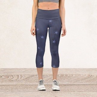 Blue Stars on Darker Blue Capri Leggings