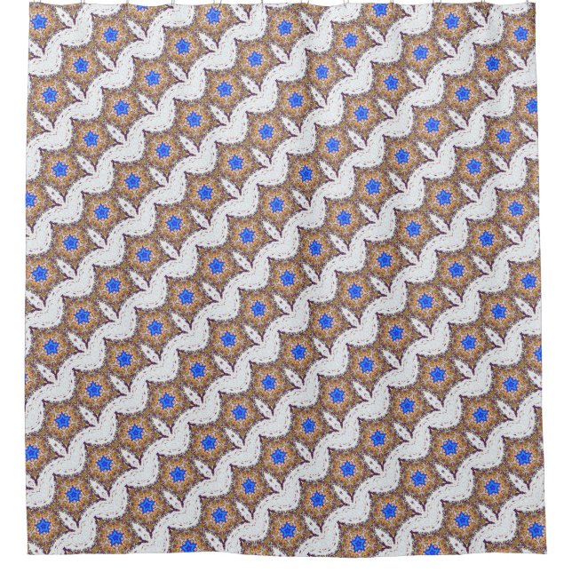 blue stars on diagonal white pattern shower curtain (Front)