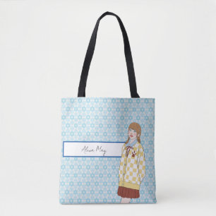Blue Stars Pattern with Girl Illustration Editable Tote Bag