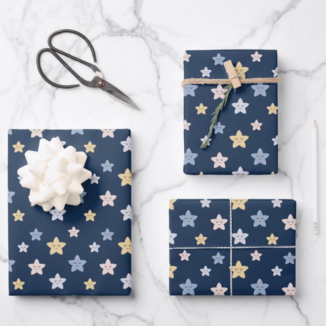 Blue Stars Pattern Wrapping Paper Sheet (Front)