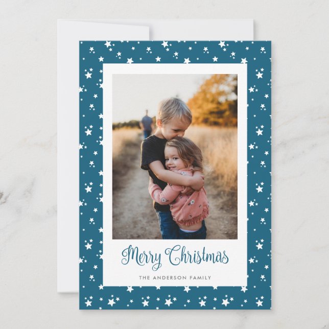 Blue Stars Photo Merry Christmas Cards (Front)