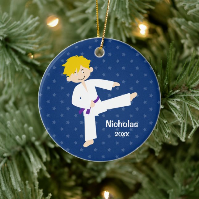 Blue Stars Purple Belt Taekwondo Boy Personalised Ceramic Ornament (Tree)