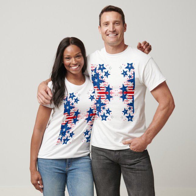 Blue Stars T-Shirt (A white t-shirt featuring a vibrant design of red, white, and blue stars and stripes.  )