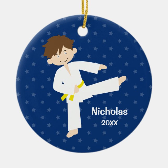 Blue Stars Taekwondo Karate Boy Personalised Ceramic Ornament (Front)