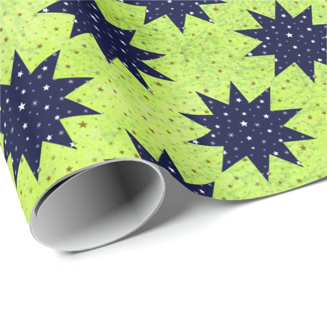 Blue stars & white stars & sparkly gold stars wrapping paper (Roll Corner)