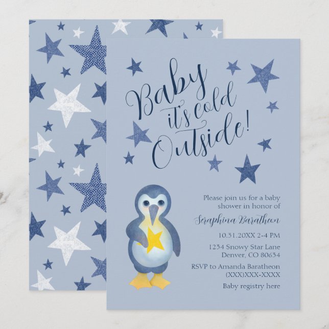 Blue Stars Winter Penguin Baby Shower Invitation (Front/Back)