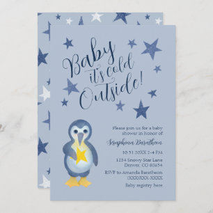 Blue Stars Winter Penguin Baby Shower Invitation