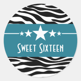 Blue Stars Zebra Print Sweet 16 Stickers