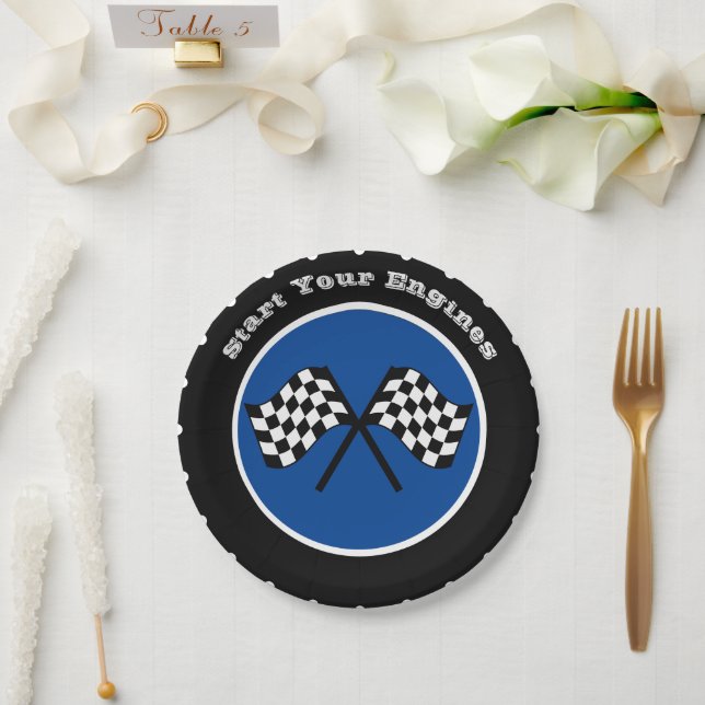 Blue Start Your Engines Racing Tire Paper Plate (Wedding)