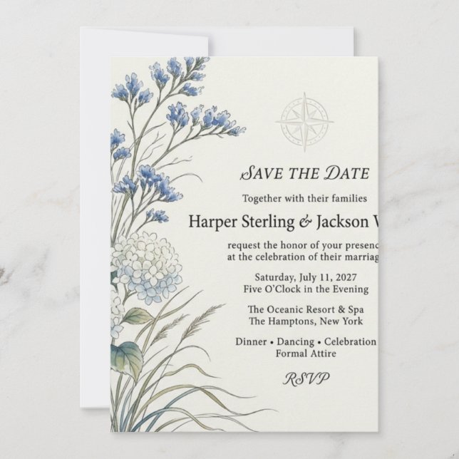 Blue Statice, Hydrangea, Compass Rose, and Waterco Invitation (Front)