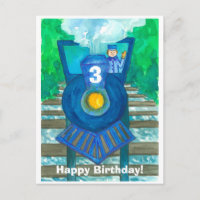 Blue  Steam Train Happy Third Birthday