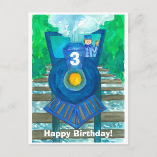 Blue  Steam Train Happy Third Birthday Postcard