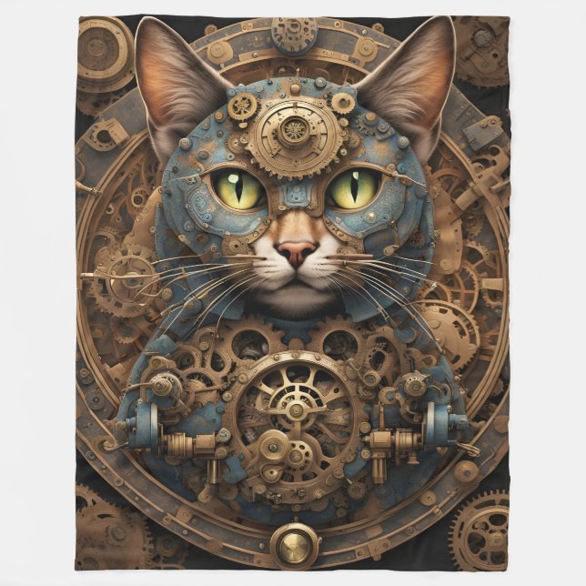 blue steampunk cat AI art blanket (Front)