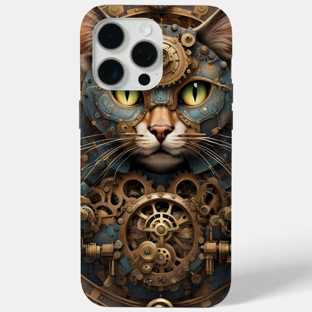 blue steampunk cat AI art iPhone 15 Pro Max Case  (Back)