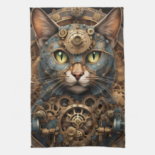 blue steampunk cat AI art kitchen towel