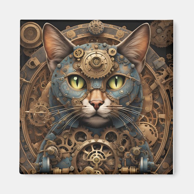 blue steampunk cat AI art magnet (Front)