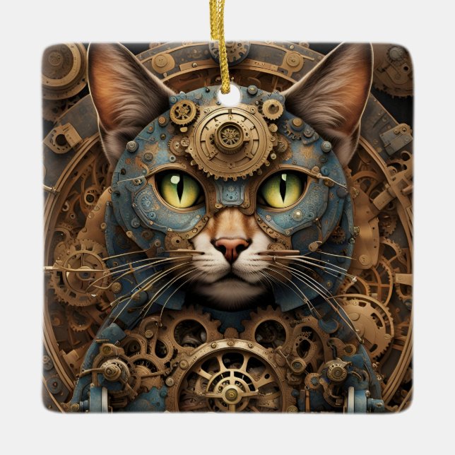 blue steampunk cat AI art ornament (Front)