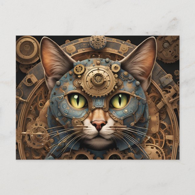blue steampunk cat AI art postcard (Front)