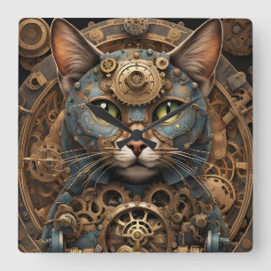 blue steampunk cat AI art Square Wall Clock