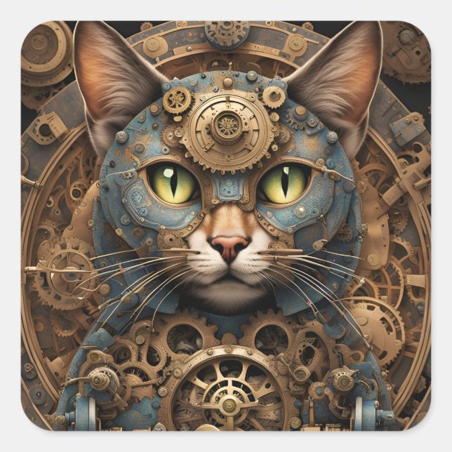 blue steampunk cat AI art stickers (Front)