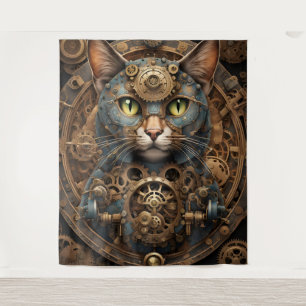 blue steampunk cat AI art Tapestry 