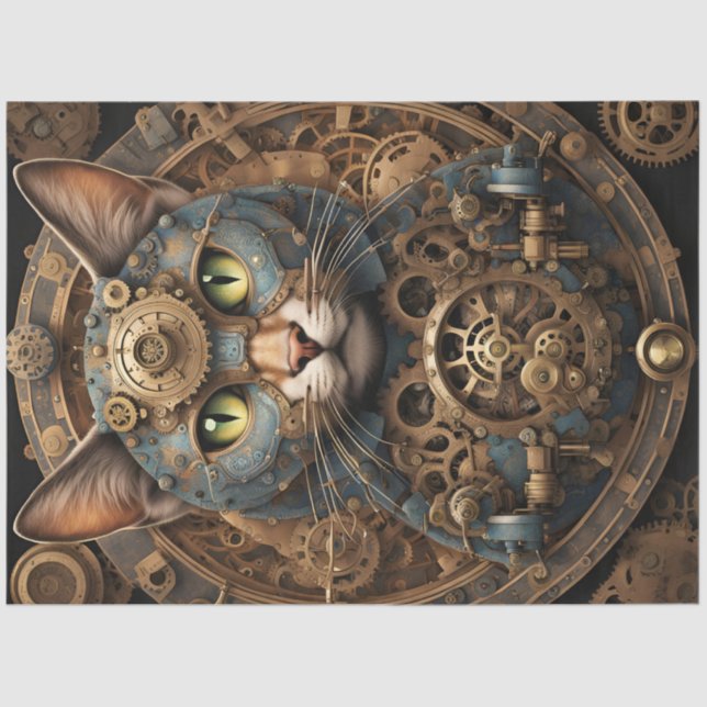blue steampunk cat AI art tissue paper (Front)