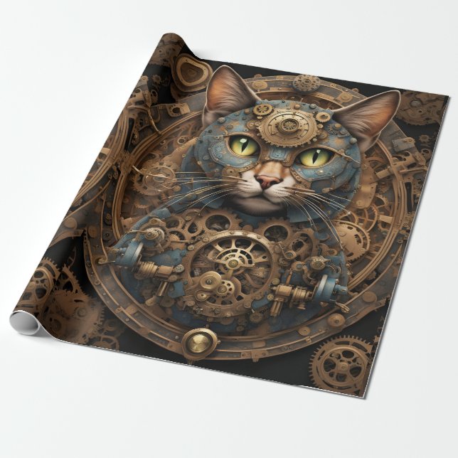 blue steampunk cat AI art wrapping paper (Unrolled)