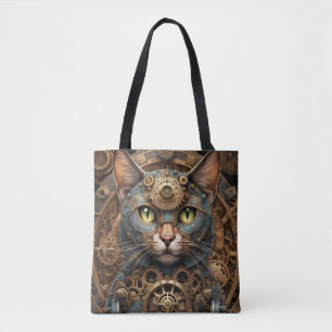 blue steampunk cat tote bag