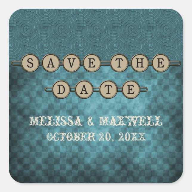 Blue Steampunk Keys Save the Date Stickers (Front)
